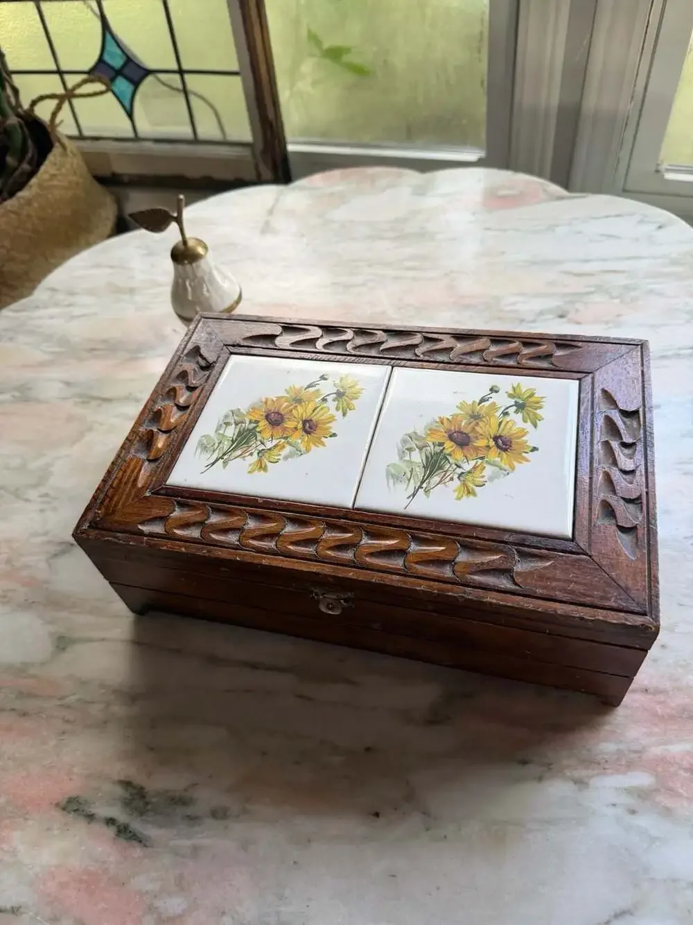 Vintage Carved Wooden Jewelry Keepsake Box with Sunflower Ceramic Tile Inlay